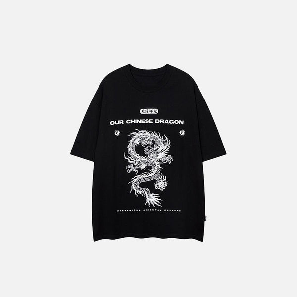 Front view of the black Chinese Dragon Graphic T-shirt in a gray background