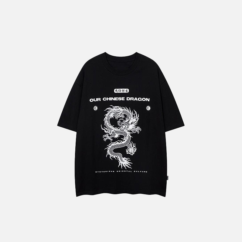 Front view of the black Chinese Dragon Graphic T-shirt in a gray background