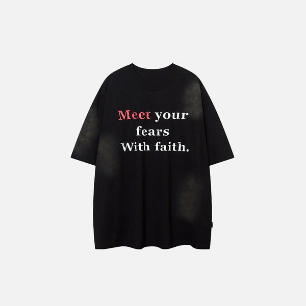 Front view of the black "Meet Your Fears With Faith" Printed T-Shirt in a gray background