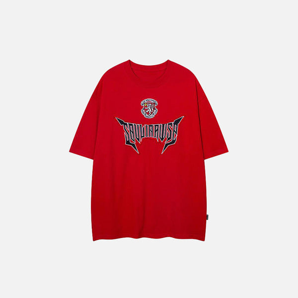 Front view of the red Embroidery Letter Print T-shirt in a gray background