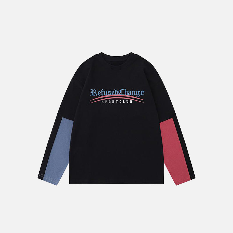 Front view of the black Oversized Patchwork Long Sleeve T-shirt in a gray background