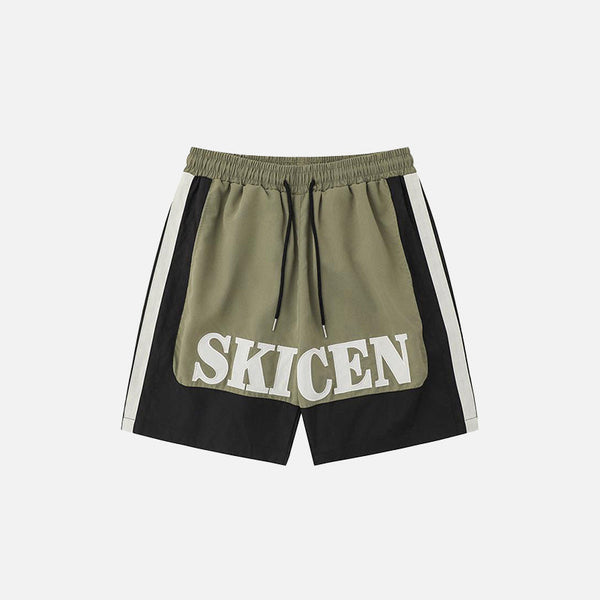 Front view of the army green Contrast Color Drawstring Sports Shorts in a gray background