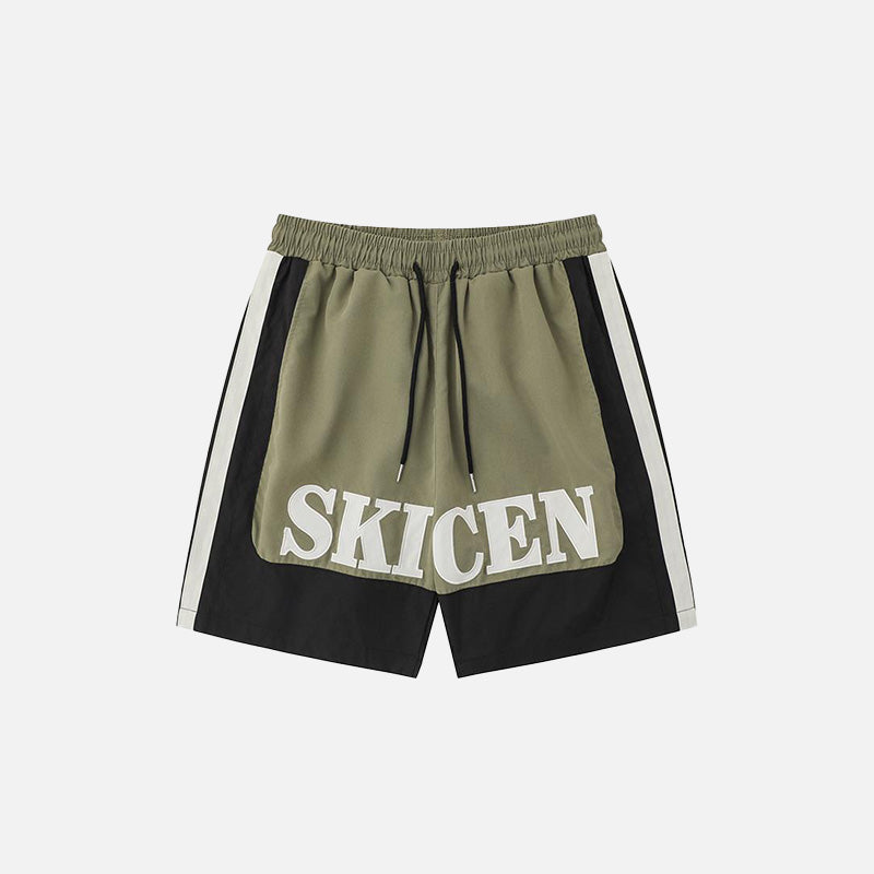 Front view of the army green Contrast Color Drawstring Sports Shorts in a gray background
