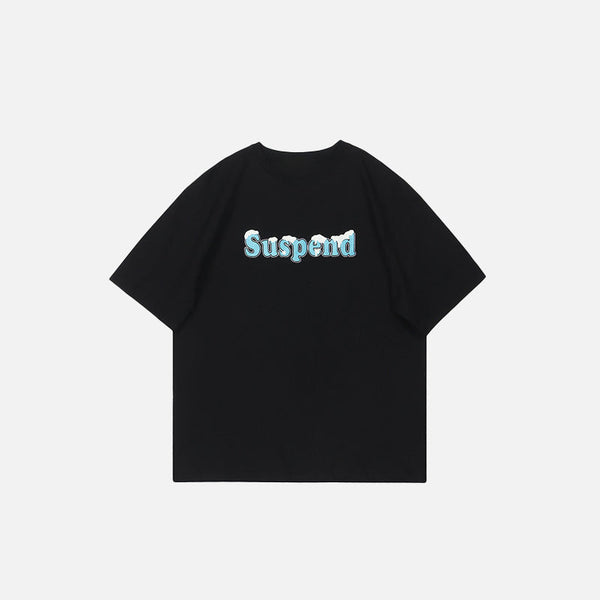 Front view of the black "Suspend" Cold Letter Print T-Shirt in a gray background