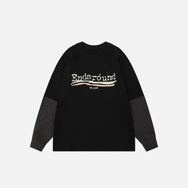Front view of the black Oversized Plaid Patchwork Long Sleeve T-shirt in a gray background