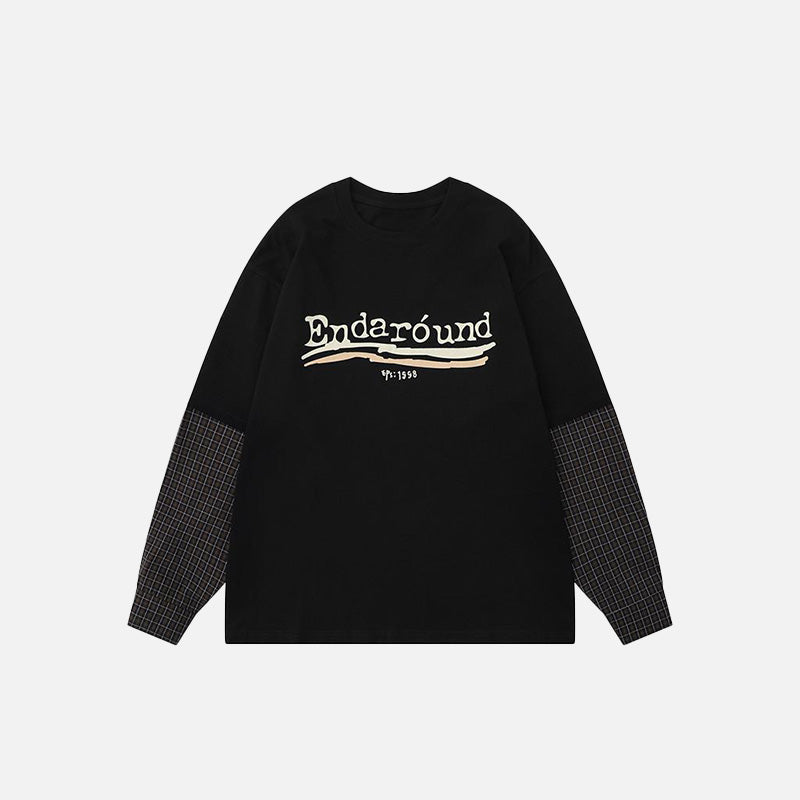 Front view of the black Oversized Plaid Patchwork Long Sleeve T-shirt in a gray background