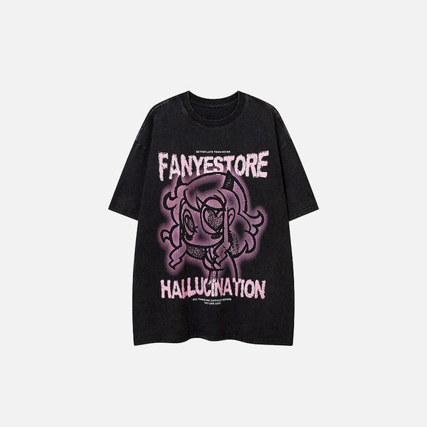 Front view of the black Hallucination Anime Girl T-shirt in a gray background