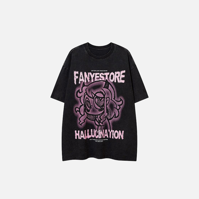 Front view of the black Hallucination Anime Girl T-shirt in a gray background