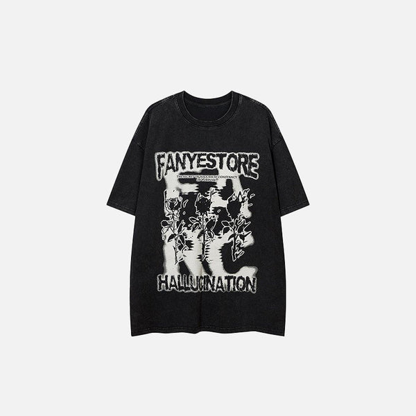 Front view of the black Loose Rose Print Washed T-shirt in a gray background