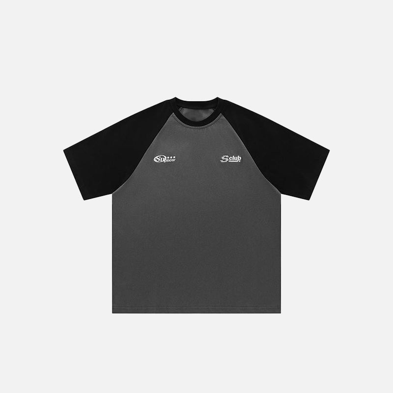 Front view of the gray Raglan Sleeve Contrast Color T-shirt in a gray background