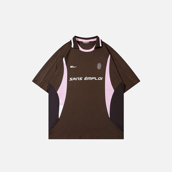 Front view of the brown Vintage Sports Patchwork Polo T-Shirt in a gray background