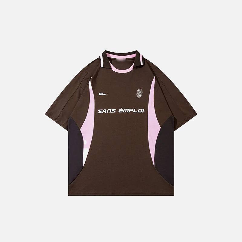 Front view of the brown Vintage Sports Patchwork Polo T-Shirt in a gray background