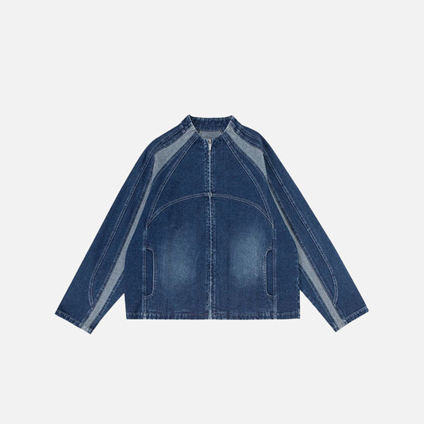 Front view of the blue Denim Racer Jacket in a gray background