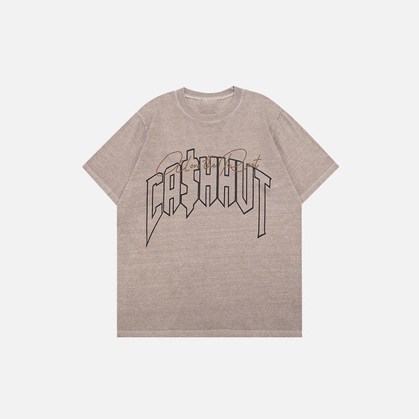 Front view of the dust gray Vintage Loose Washed Printed T-Shirt in a gray background