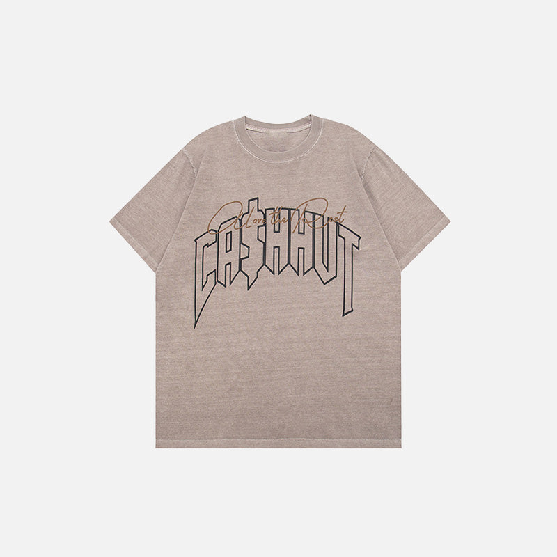 Front view of the dust gray Vintage Loose Washed Printed T-Shirt in a gray background