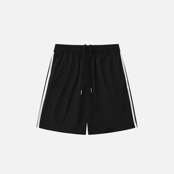 Front view of the black Side Striped Sports Shorts in a gray background