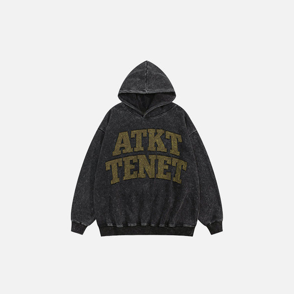Front view of the black Loose Letter Prints Hoodie in a gray background