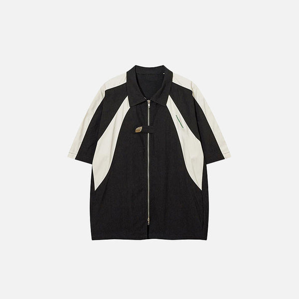 Front view of the black Splicing Color Oversized Shirt in a gray background