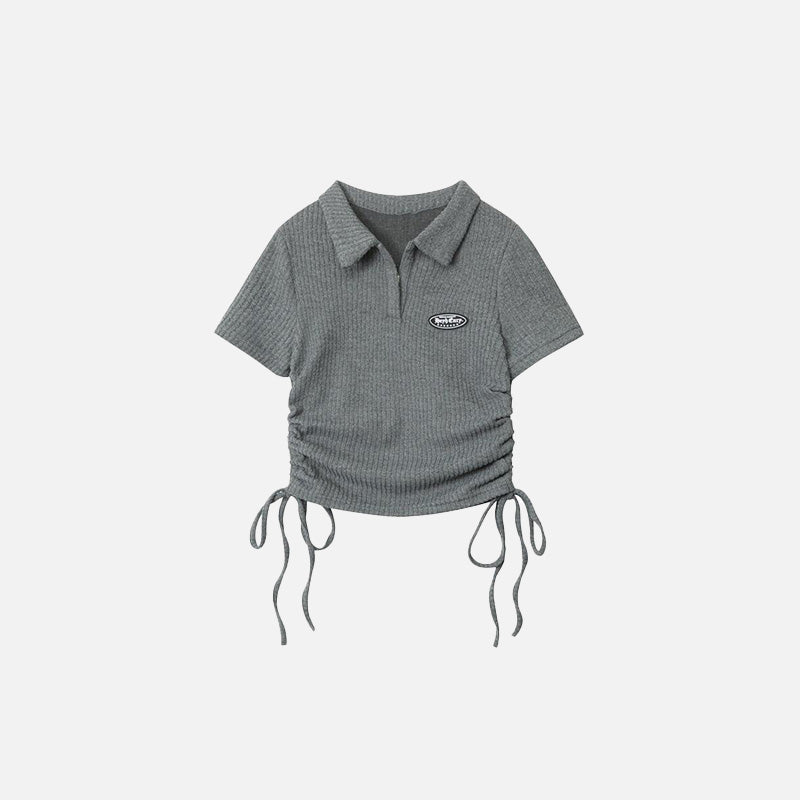 Front view of the grey Women's Polo With Side Ties T-shirt in a gray background
