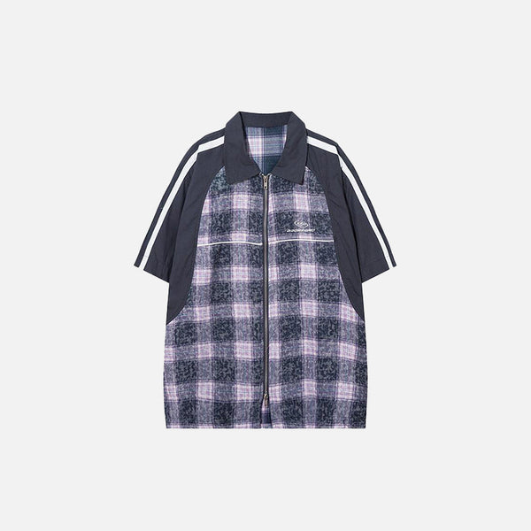 Front view of the blue Patchwork Plaid Splicing Color Shirt in a gray background