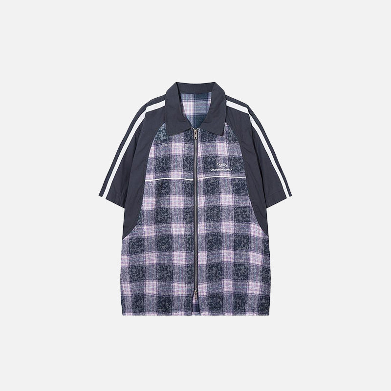 Front view of the blue Patchwork Plaid Splicing Color Shirt in a gray background