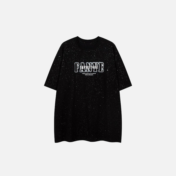 Front view of the black Fantasy Glitter Loose T-shirt in a gray background