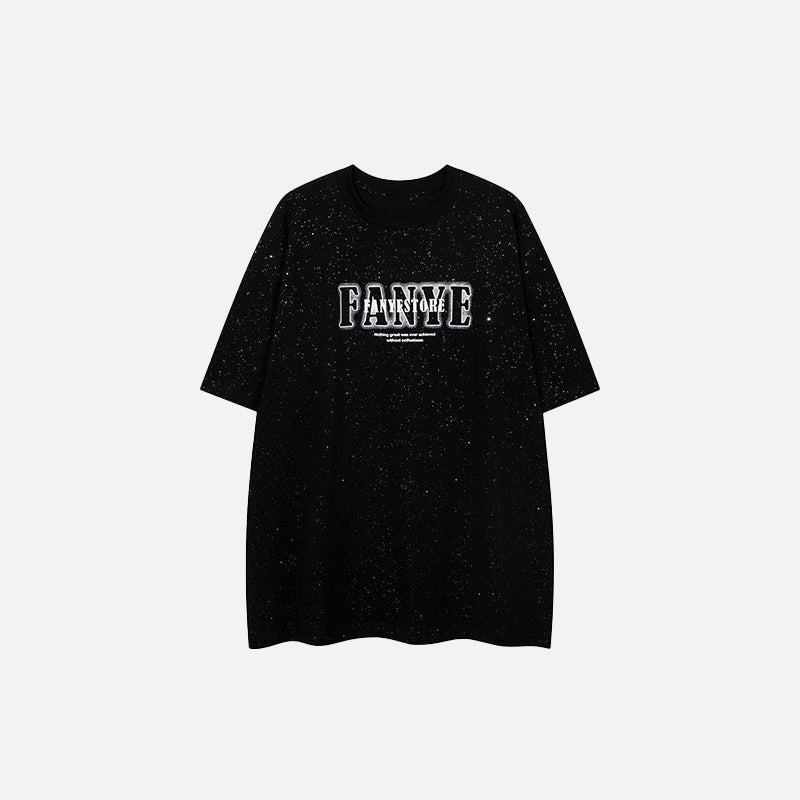 Front view of the black Fantasy Glitter Loose T-shirt in a gray background