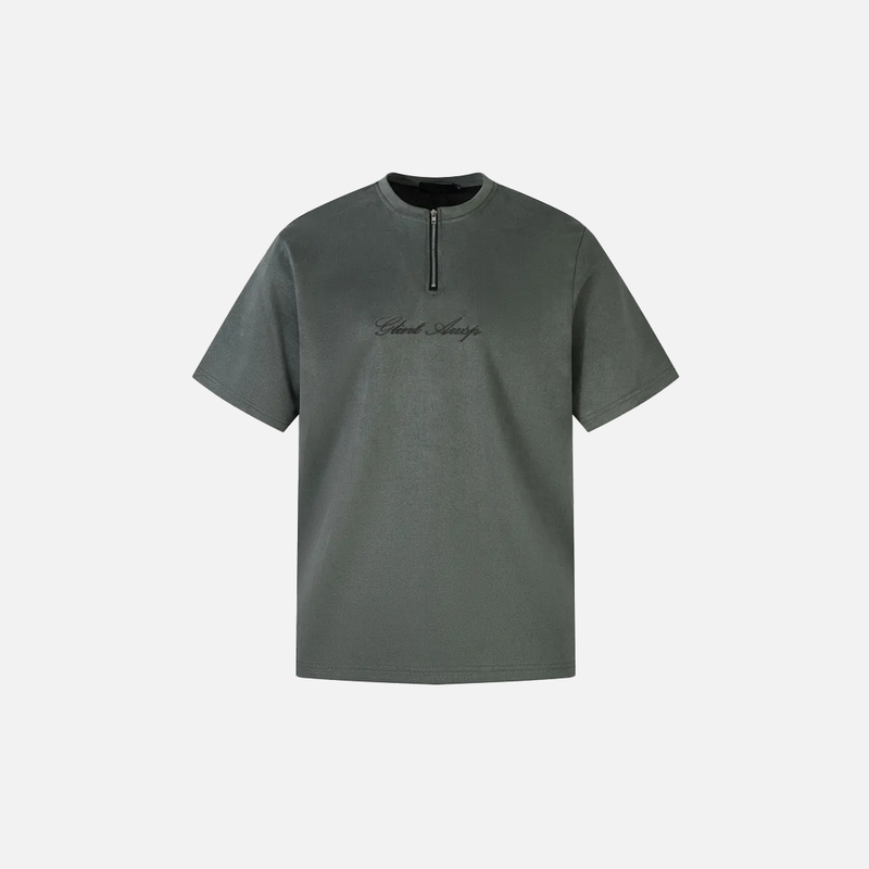 Suede Thread-Work Zipper Short Sleeve T-Shirt