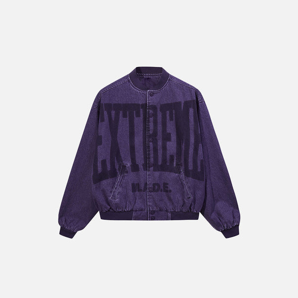 Front view of the purple Y2k Washed Denim Jacket in a gray background