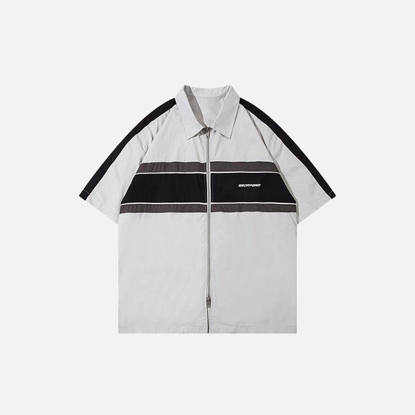 Front view of the gray Sports Loose Polo Zip-up Shirt in a gray background