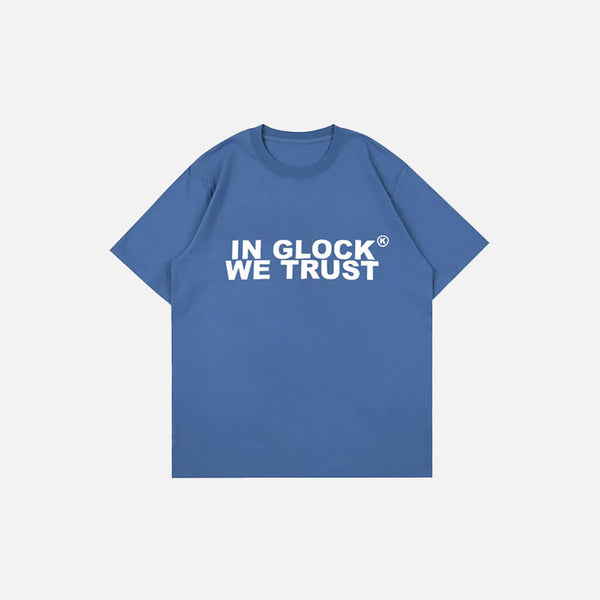 Front view of the blue Y2k Vintage Gothic T-Shirt in a gray background