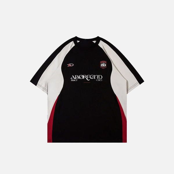 Front view of the black Y2K Sports Graphic T-Shirt in a gray background