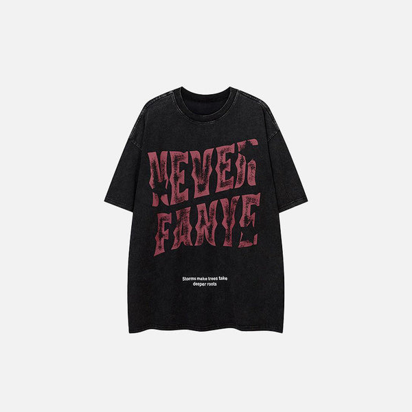 Front view of the black Letter Printed Washed Loose T-Shirt in a gray background
