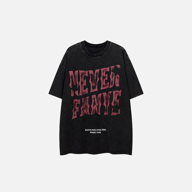 Front view of the black Letter Printed Washed Loose T-Shirt in a gray background