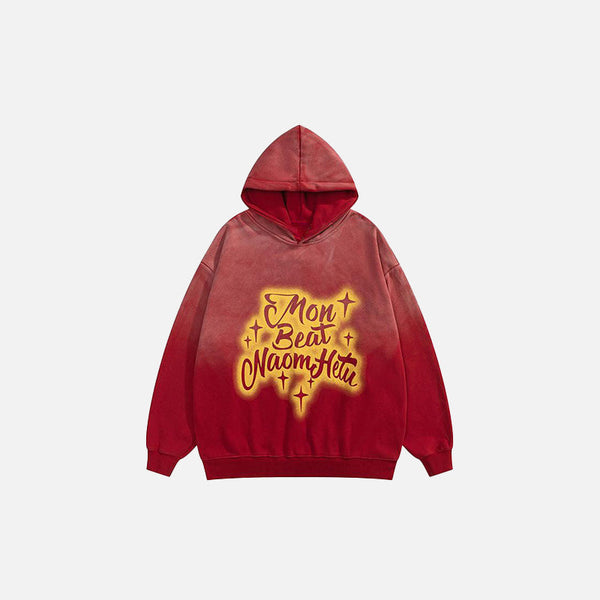 Front view of the red Star Washed Loose Hoodie in a gray background