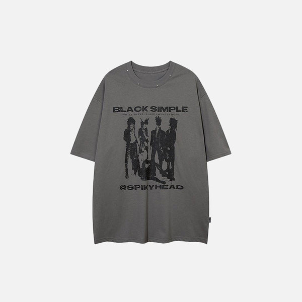 Front view of the dark grey 90's Spiky Head Loose T-shirt in a gray background