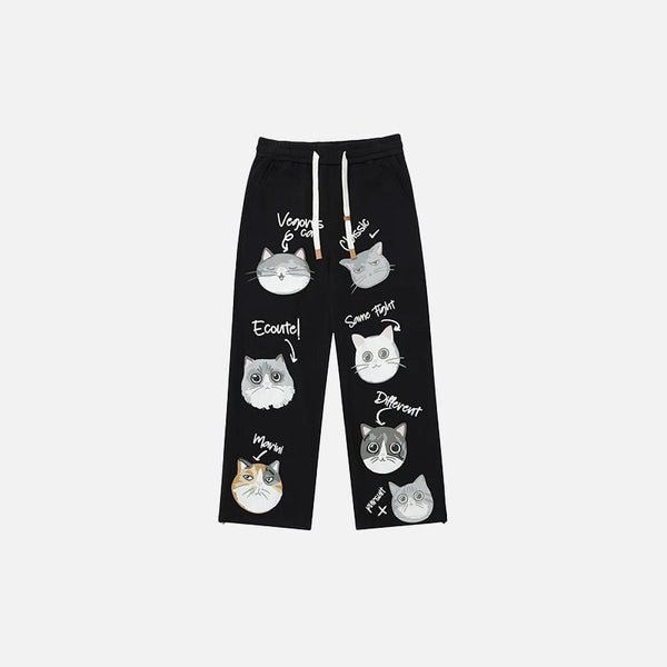 Y2K Bol Kesim Kedi Baskılı Pantolon, önden görünüm — Navra Wear