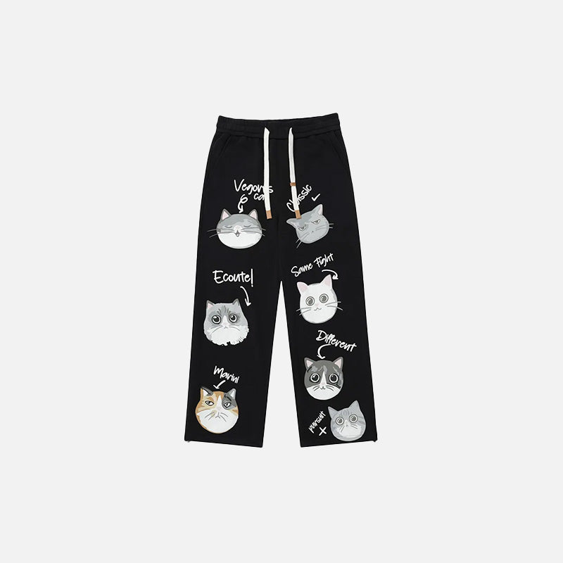 Y2K Bol Kesim Kedi Baskılı Pantolon, önden görünüm — Navra Wear