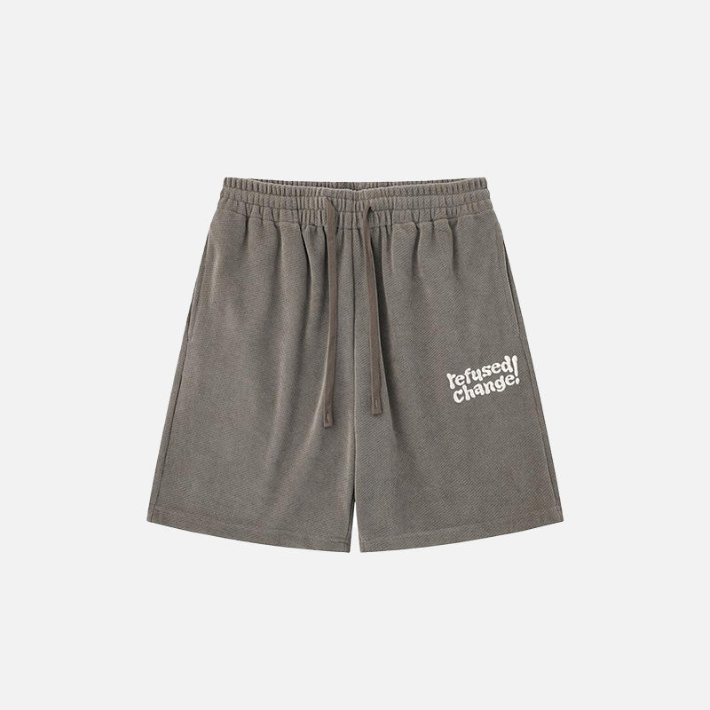 Front view of the gray "Refused Change!" Printed Shorts in a gray background