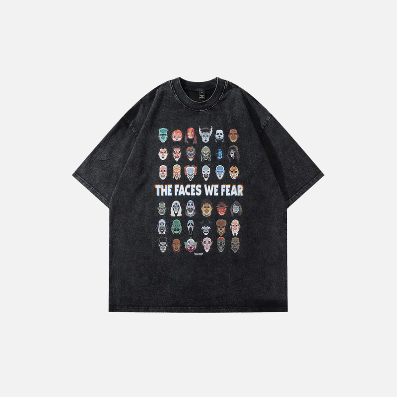 Noir-Edge No-Rules Hand-Drawn-Art Faces Print T-Shirt