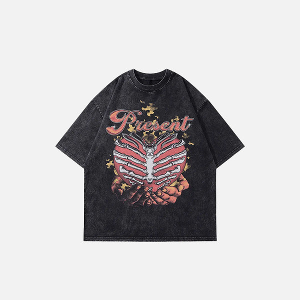 Front view of the black Flame Skull Heart Graphic T-shirt in a gray background