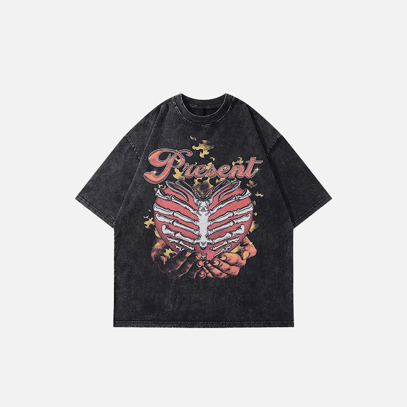 Front view of the black Flame Skull Heart Graphic T-shirt in a gray background