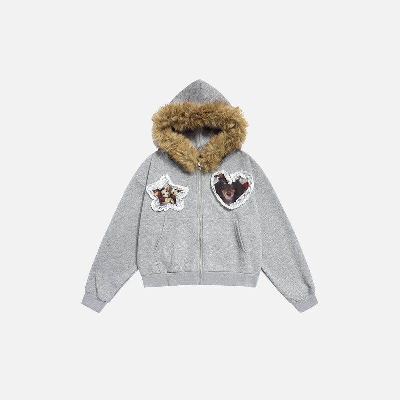 Heart Zip Fur Hood Sweatshirt