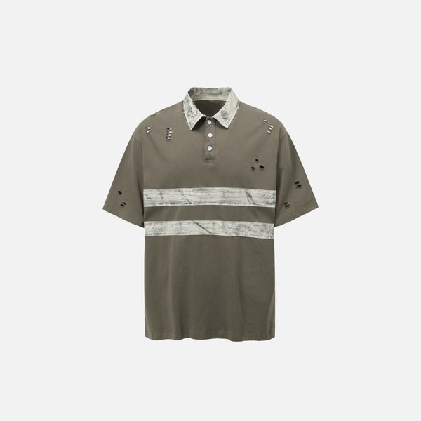Dirty Color Block Line-Pattern Collar-Knit T-Shirt