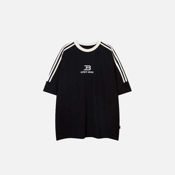 Front view of the black Side Striped Sports T-shirt in a gray background