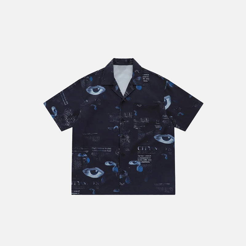 Front view of the black Y2K Eye Print Loose Shirt in a gray background