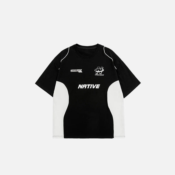 Front view of the black Color Blocking Racing Print T-shirt in a gray background
