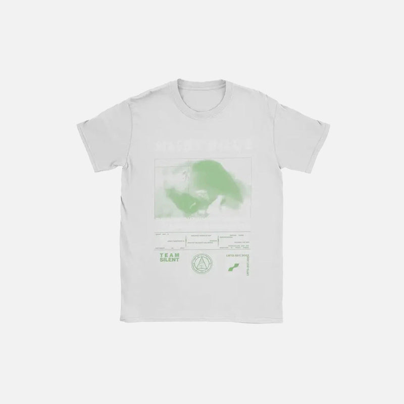 Front view of the white Silent Hill 2 Graphic T-Shirt in a gray background