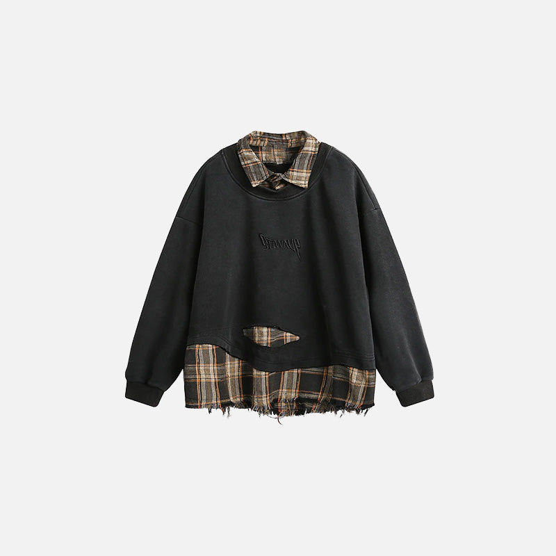 Front view of the black Retro Ripped Patchwork Shirt in a gray background
