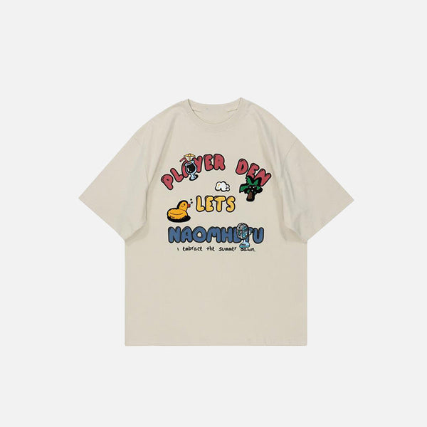 Front view of the apricot Cute Graphic Loose T-Shirt in a gray background